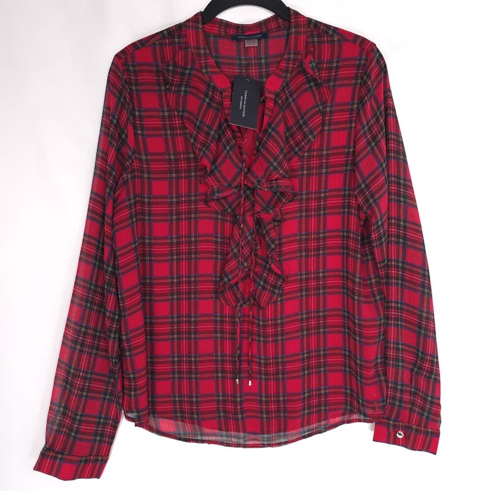 TOMMY HILFIGER Women's New Top Blouse Red SMALL Plaid Ruffle Tie Neck